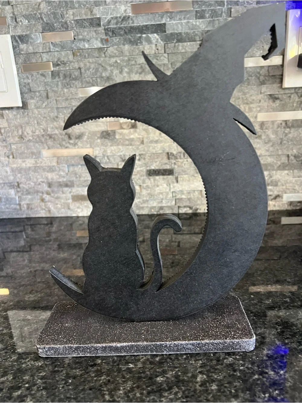 GLITTERY BLING Wooden Halloween Sign, BLACK CAT, MOON, WITCH HAT-11 In Tall!!
